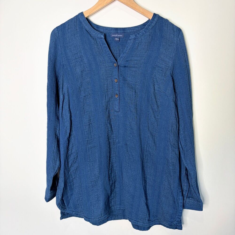 J Jill Textured Tunic Denim Look Blue Long Sleeve 1/4 Button Oversized Women S